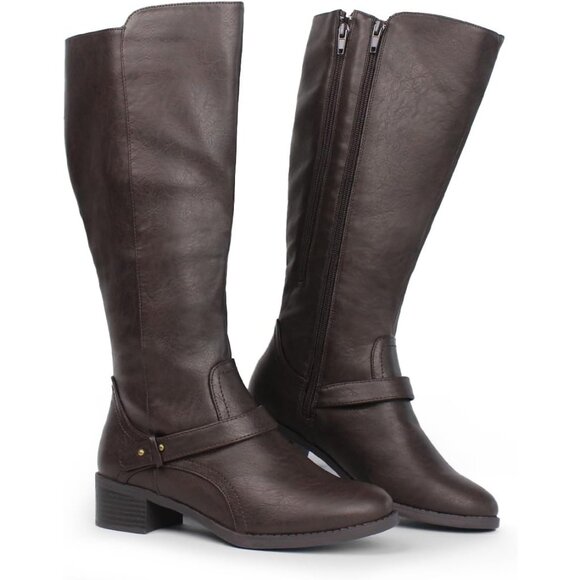 Hawkwell Women's Brown Wide Calf Knee High Double Zipper Synthetic Riding Boots - Picture 1 of 6